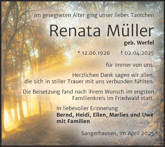 Traueranzeige von Renata Müller von Trauerkombi Sangerhausen