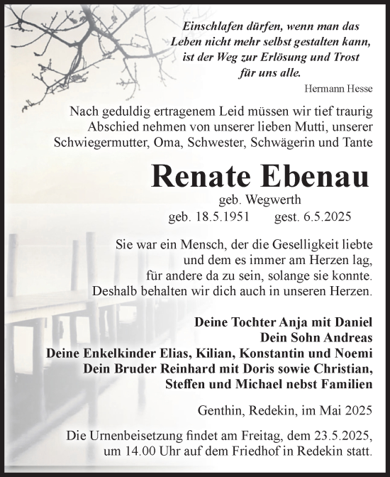 Traueranzeige von Renate Ebenau von Volksstimme Burg/Genthin