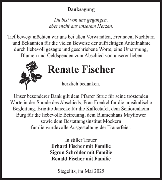 Traueranzeige von Renate Fischer von Volksstimme Burg/Genthin