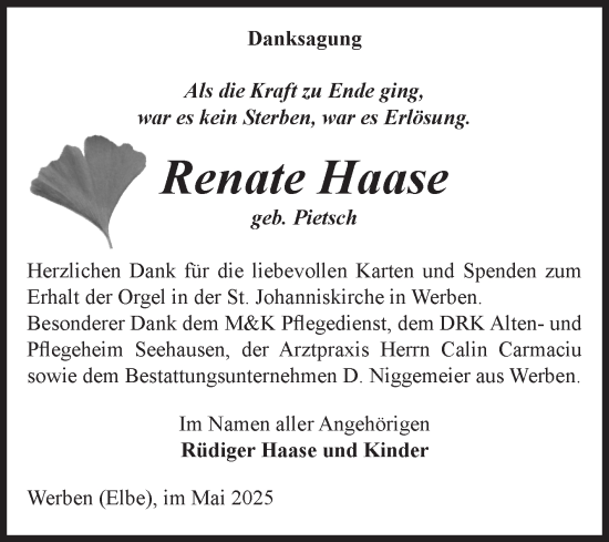 Traueranzeige von Renate Haase von Volksstimme Altmark Ost