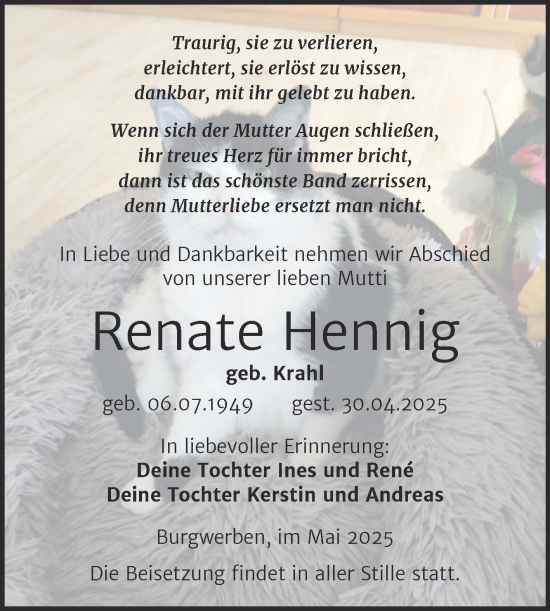 Traueranzeige von Renate Hennig von Trauerkombi Weißenfels