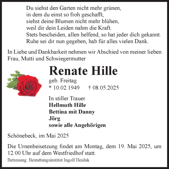 Traueranzeige von Renate Hille von Volksstimme Schönebeck