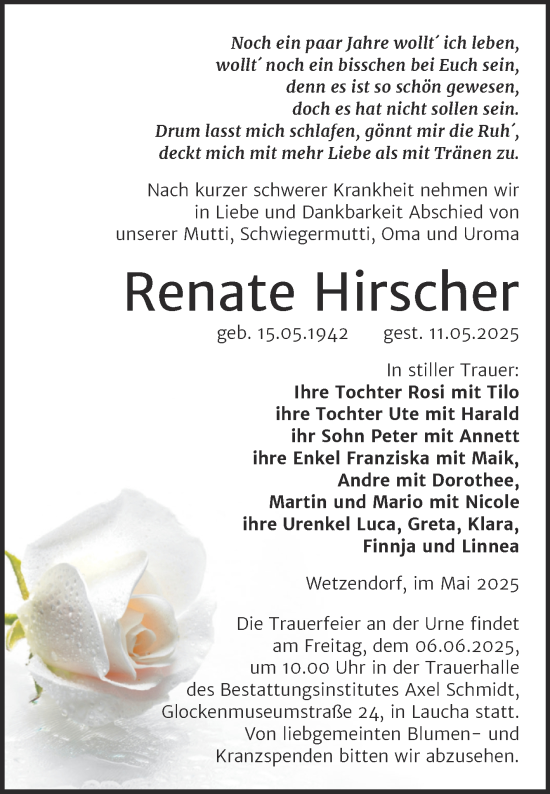 Traueranzeige von Renate Hirscher von Super Sonntag Naumburg/Nebra