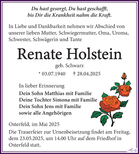 Traueranzeige von Renate Holstein von Trauerkombi Zeitz