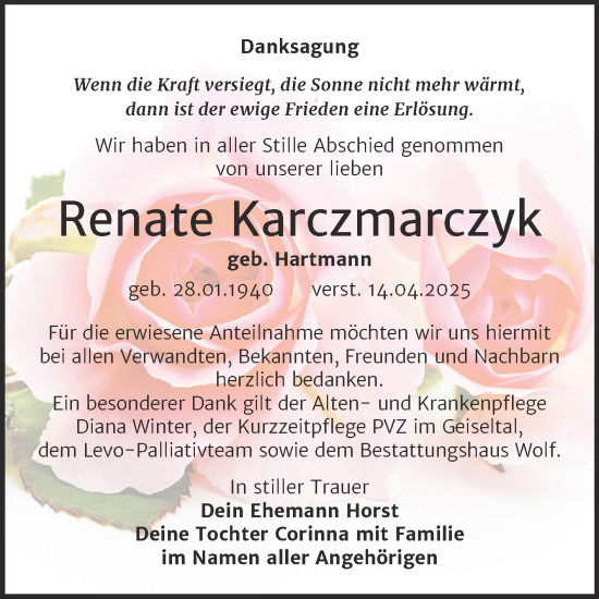 Traueranzeige von Renate Karczmarczyk von Trauerkombi Weißenfels