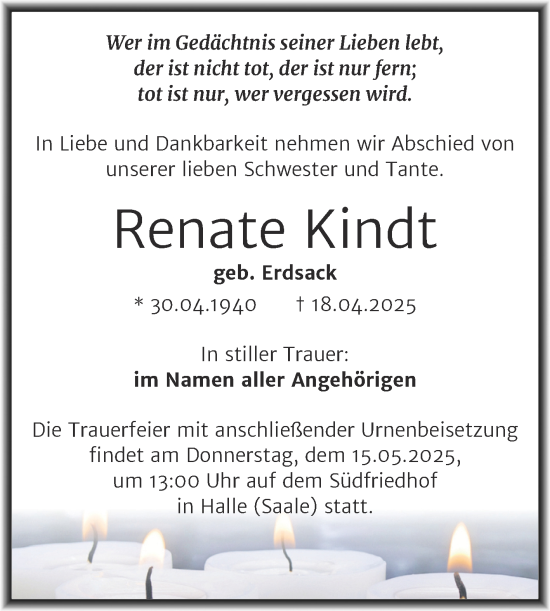 Traueranzeige von Renate Kindt von Mitteldeutsche Zeitung Halle/Saalkreis