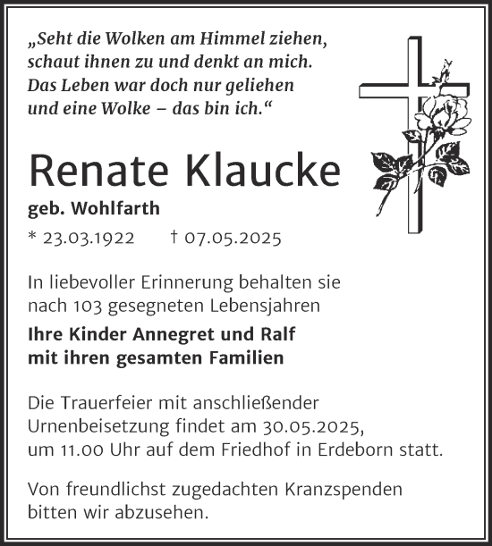 Traueranzeige von Renate Klaucke von Trauerkombi Mansfelder Land