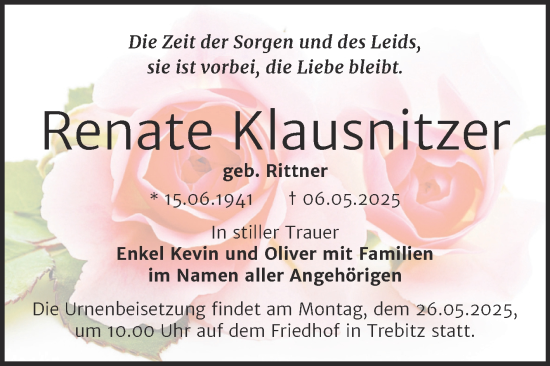 Traueranzeige von Renate Klausnitzer von Trauerkombi Bernburg