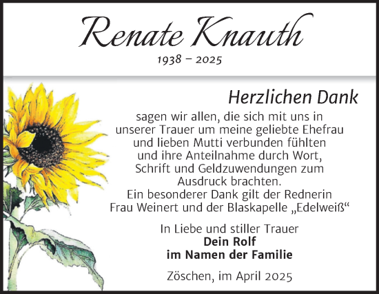 Traueranzeige von Renate Knauth von Trauerkombi Merseburg