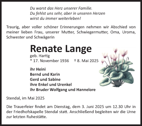 Traueranzeige von Renate Lange von Volksstimme Altmark Ost