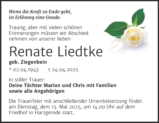 Traueranzeige von Renate Liedtke von Trauerkombi Quedlinburg