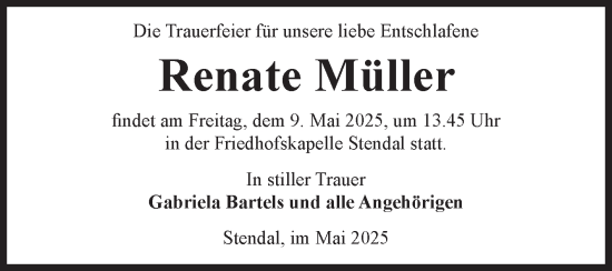 Traueranzeige von Renate Müller von Volksstimme Altmark Ost