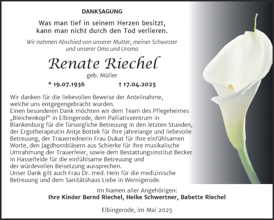 Traueranzeige von Renate Riechel von Volksstimme Wernigerode