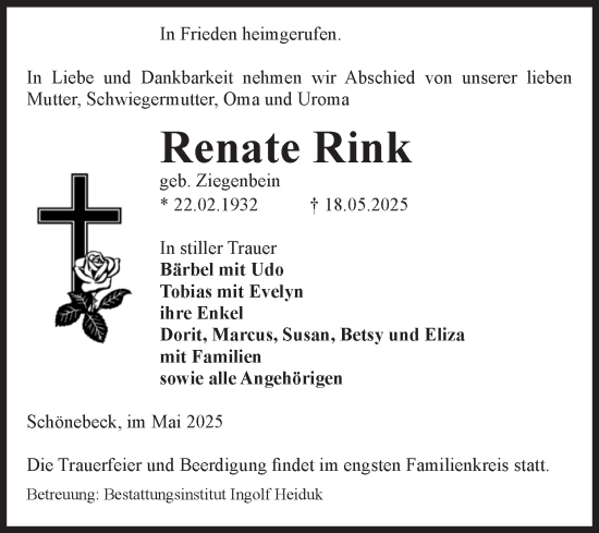Traueranzeige von Renate Rink von Volksstimme Schönebeck