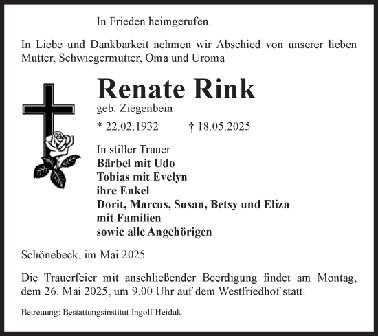 Traueranzeige von Renate Rink von Volksstimme Schönebeck