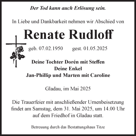 Traueranzeige von Renate Rudloff von Volksstimme Burg/Genthin
