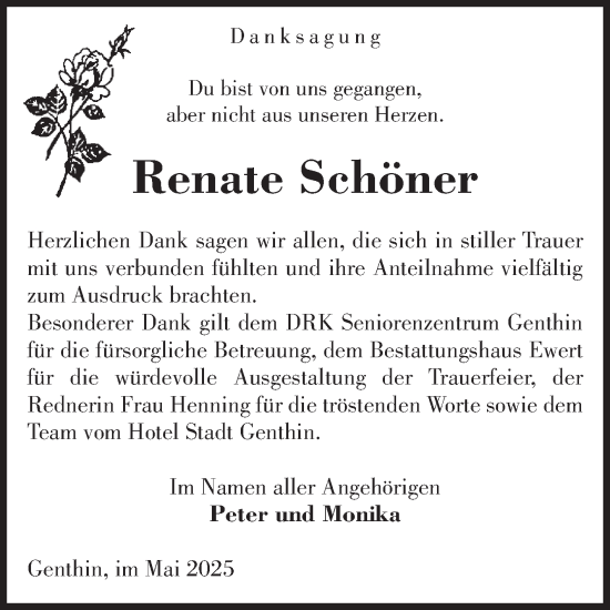 Traueranzeige von Renate Schöner von Volksstimme Burg/Genthin
