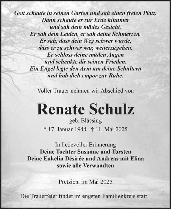 Traueranzeige von Renate Schulz von Volksstimme Schönebeck