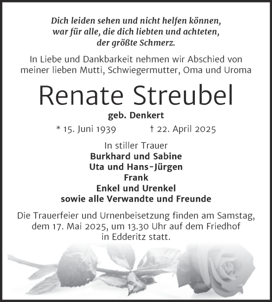 Traueranzeige von Renate Streubel von Trauerkombi Köthen
