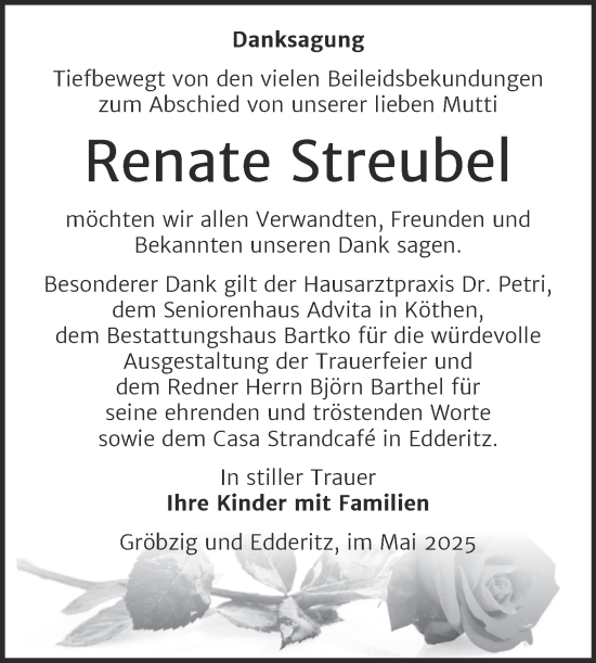 Traueranzeige von Renate Streubel von Trauerkombi Köthen