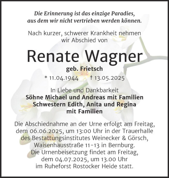 Traueranzeige von Renate Wagner von Trauerkombi Bernburg