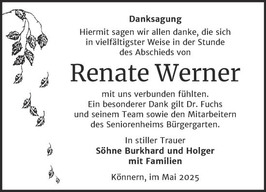 Traueranzeige von Renate Werner von Trauerkombi Bernburg