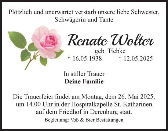 Traueranzeige von Renate Wolter von Volksstimme Wernigerode