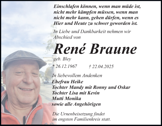 Traueranzeige von Rene Braune von Trauerkombi Dessau