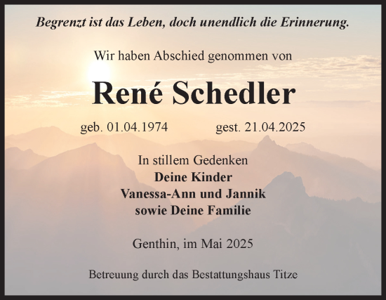 Traueranzeige von René Schedler von Volksstimme Burg/Genthin