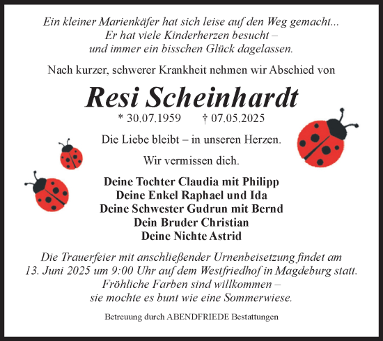 Traueranzeige von Resi Scheinhardt von Volksstimme Magdeburg