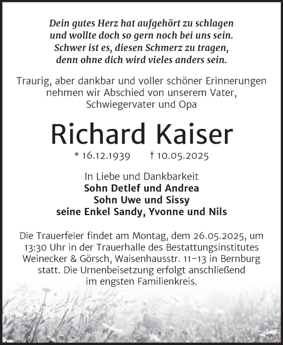Traueranzeige von Richard Kaiser von Trauerkombi Bernburg