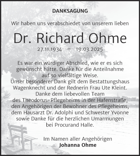 Traueranzeige von Richard Ohme von Mitteldeutsche Zeitung Halle/Saalkreis
