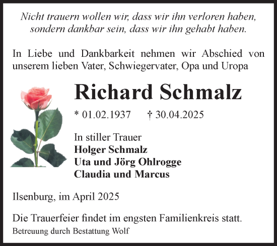 Traueranzeige von Richard Schmalz von Volksstimme Wernigerode