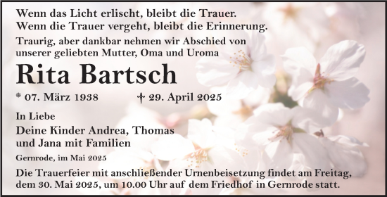 Traueranzeige von Rita Bartsch von Trauerkombi Quedlinburg