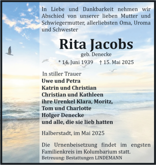 Traueranzeige von Rita Jacobs von Volksstimme Halberstadt