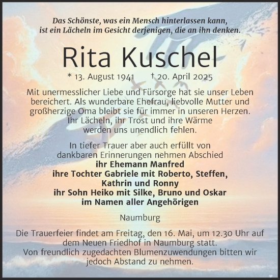 Traueranzeige von Rita Kuschel von Naumburger Tageblatt