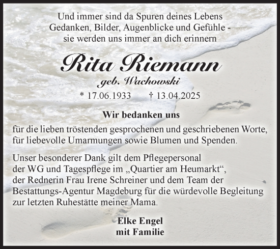 Traueranzeige von Rita Riemann von Volksstimme Magdeburg