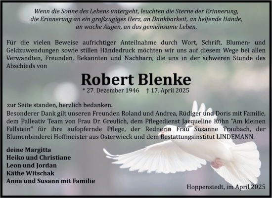 Traueranzeige von Robert Blenke von Volksstimme Halberstadt