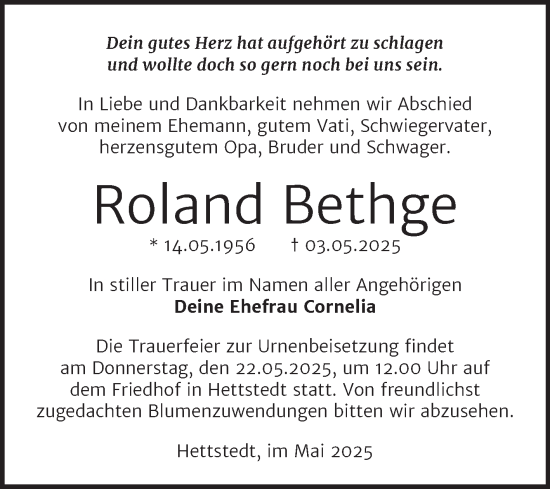 Traueranzeige von Roland Bethge von Trauerkombi Mansfelder Land