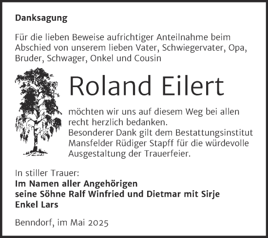 Traueranzeige von Roland Eilert von Trauerkombi Mansfelder Land
