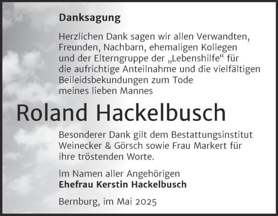 Traueranzeige von Roland Hackelbusch von Trauerkombi Bernburg