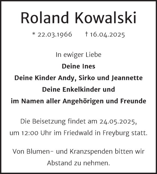Traueranzeige von Roland Kowalski von Trauerkombi Merseburg