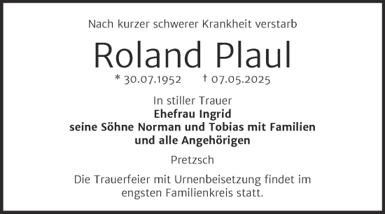Traueranzeige von Roland Plaul von Super Sonntag Naumburg/Nebra