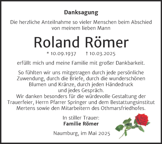 Traueranzeige von Roland Römer von Naumburger Tageblatt