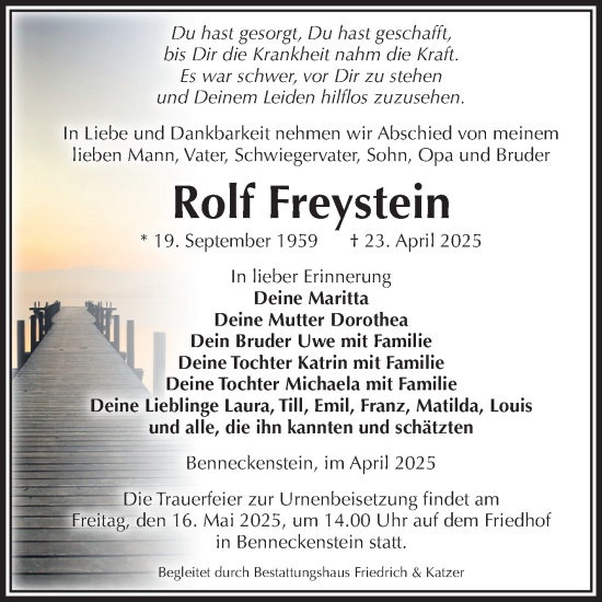 Traueranzeige von Rolf Freystein von Volksstimme Wernigerode