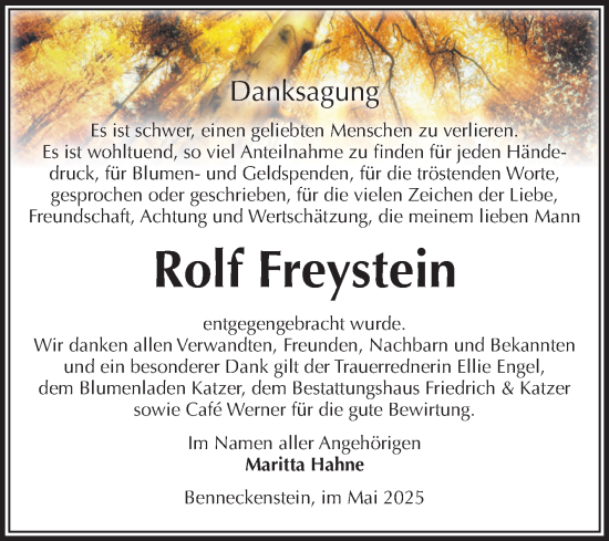 Traueranzeige von Rolf Freystein von Volksstimme Wernigerode