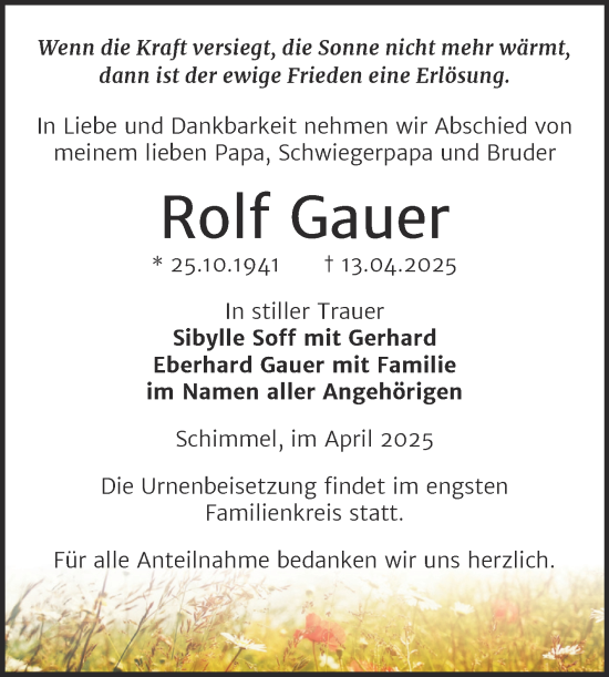 Traueranzeige von Rolf Gauer von Super Sonntag Naumburg/Nebra