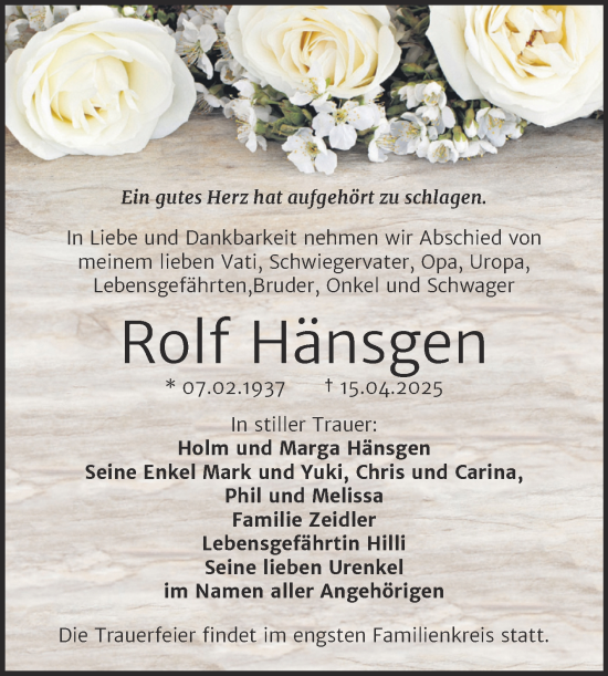 Traueranzeige von Rolf Hänsgen von Trauerkombi Aschersleben