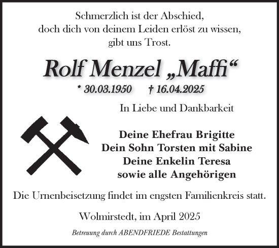 Traueranzeige von Rolf Menzel von Volksstimme Haldensleben/Wolmirstedt