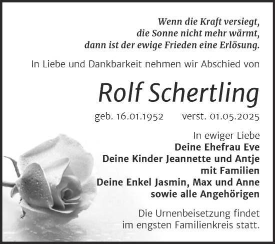 Traueranzeige von Rolf Schertling von Trauerkombi Weißenfels